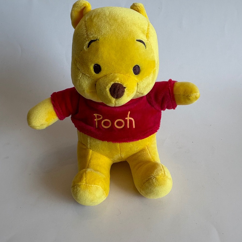 Disney Parks Winnie the Pooh Plush Stuffed Animal Yellow Bear Red Shirt 8.5" EUC
